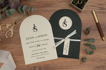 Dark Green Arch Wedding Invitation with Monogram & Ribbon