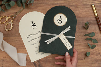 Dark Green Arch Wedding Invitation with Monogram & Ribbon