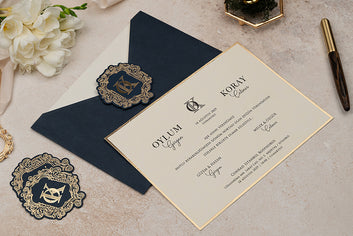 Navy Blue Envelope with Gold Foil Monogram Wedding Invitation