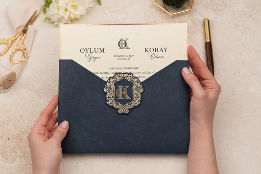 Navy Blue Envelope with Gold Foil Monogram Wedding Invitation