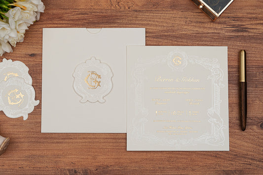 Cream & Gold Foil Monogram Wedding Invitation – Elegant Square Design