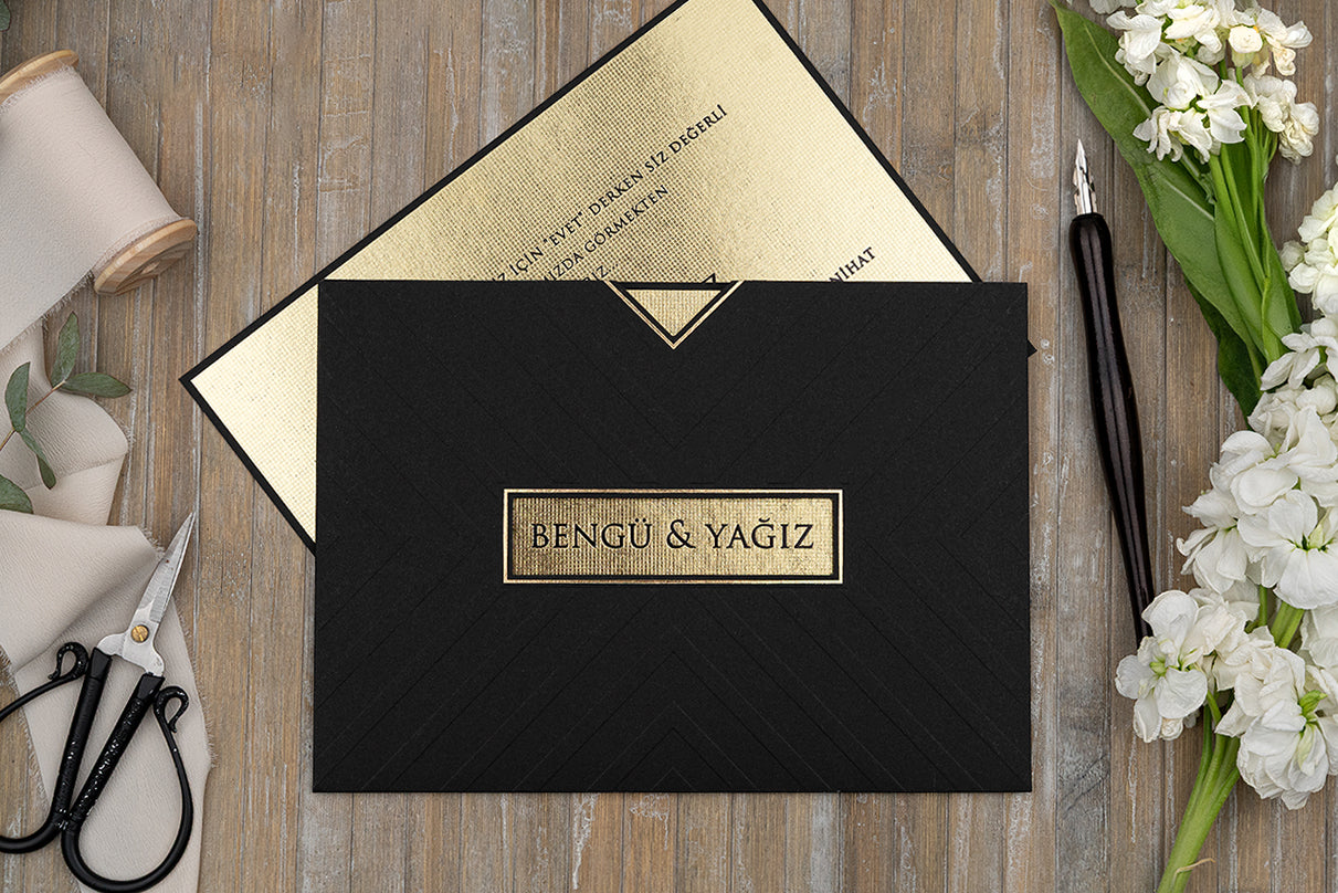 Luxury Black & Gold Wedding Invitation – Modern Geometric Design