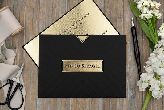 Luxury Black & Gold Wedding Invitation – Modern Geometric Design