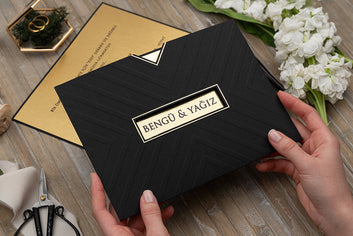 Luxury Black & Gold Wedding Invitation – Modern Geometric Design