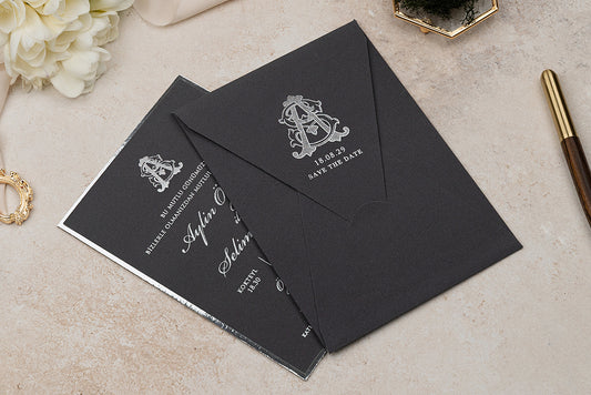Luxury Black Wedding Invitation with Silver Foil Monogram & Envelope