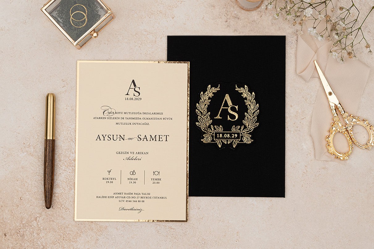Black Velvet Envelope with Gold Wreath Monogram Wedding Invitation