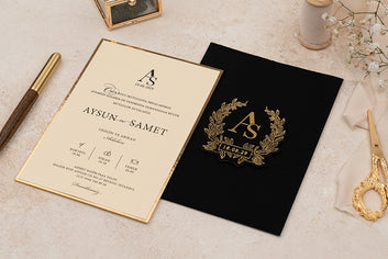 Black Velvet Envelope with Gold Wreath Monogram Wedding Invitation