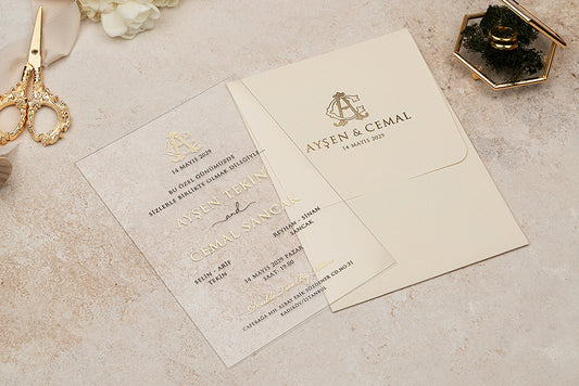 Clear Acrylic Wedding Invitation with Gold Foil & Cream Envelope