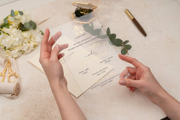 Clear Acrylic Wedding Invitation with Gold Foil & Cream Envelope