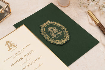Elegant Dark Green Velvet Wedding Invitation with Gold Monogram