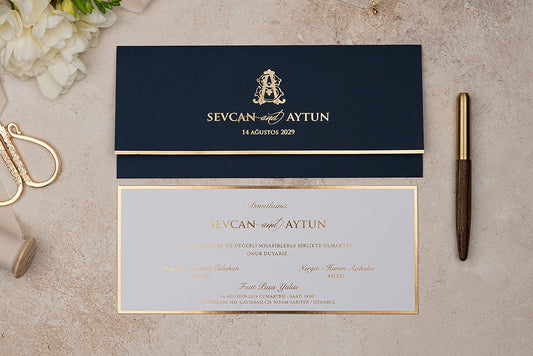 Navy & Gold Wedding Invitation with Slim Card and Monogram
