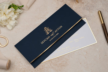 Navy & Gold Wedding Invitation with Slim Card and Monogram