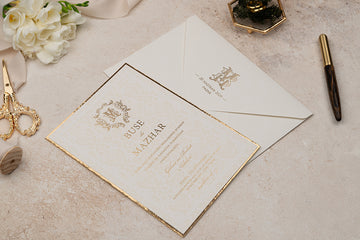 Luxury Cream Wedding Invitation with Gold Foil Monogram & Border