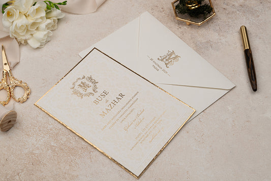Luxury Cream Wedding Invitation with Gold Foil Monogram & Border