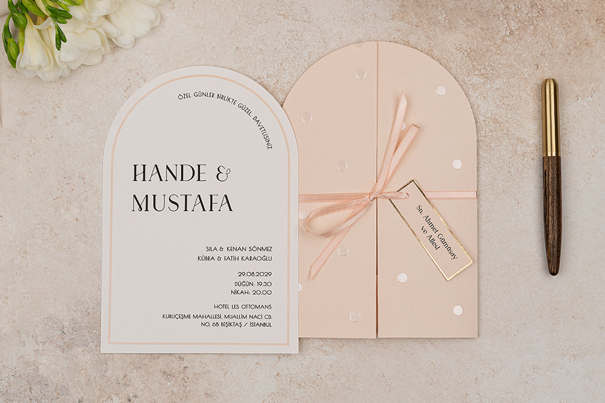 Blush Arch Wedding Invitation with Bow & Embossed Dots