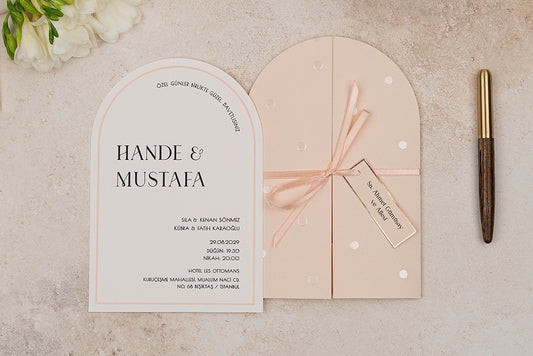 Blush Arch Wedding Invitation with Bow & Embossed Dots