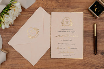 Blush Wedding Invitation with Gold Foil Monogram & Border