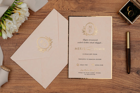 Blush Wedding Invitation with Gold Foil Monogram & Border