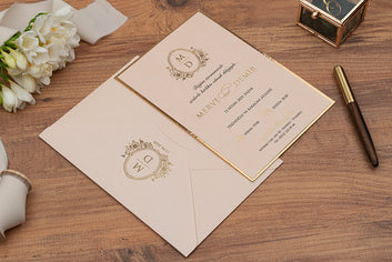 Blush Wedding Invitation with Gold Foil Monogram & Border