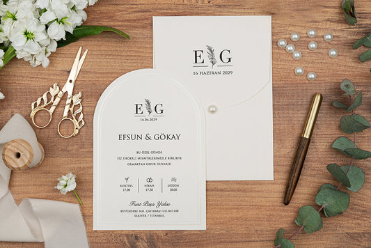 Minimalist Arch Wedding Invitation with Monogram & Pearl Closure