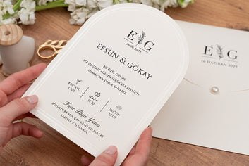 Minimalist Arch Wedding Invitation with Monogram & Pearl Closure