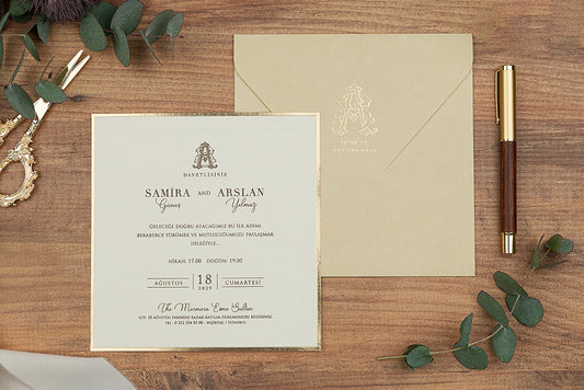 Cream Square Invitation with Gold Foil Edge and Monogram Envelope