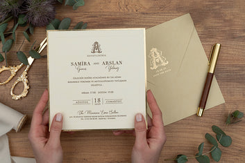Cream Square Invitation with Gold Foil Edge and Monogram Envelope