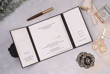 Black Luxury Wedding Invitation with Gold Monogram Seal & Matching Envelope