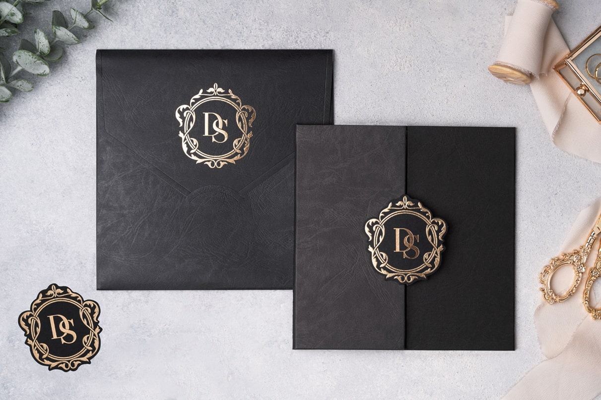 Black Luxury Wedding Invitation with Gold Monogram Seal & Matching Envelope