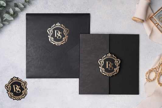 Black Luxury Wedding Invitation with Gold Monogram Seal & Matching Envelope