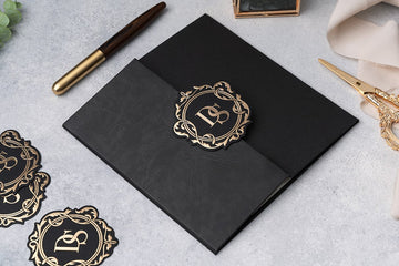Black Luxury Wedding Invitation with Gold Monogram Seal (Wrapped)