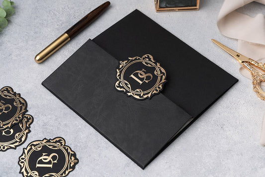 Black Luxury Wedding Invitation with Gold Monogram Seal (Wrapped)