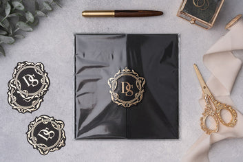 Black Luxury Wedding Invitation with Gold Monogram Seal (Wrapped)