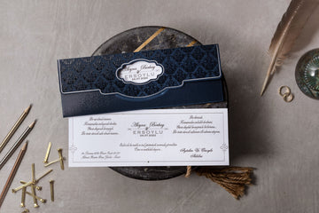 Midnight Blue Embossed Wedding Invitation with Cut-Out Name Frame