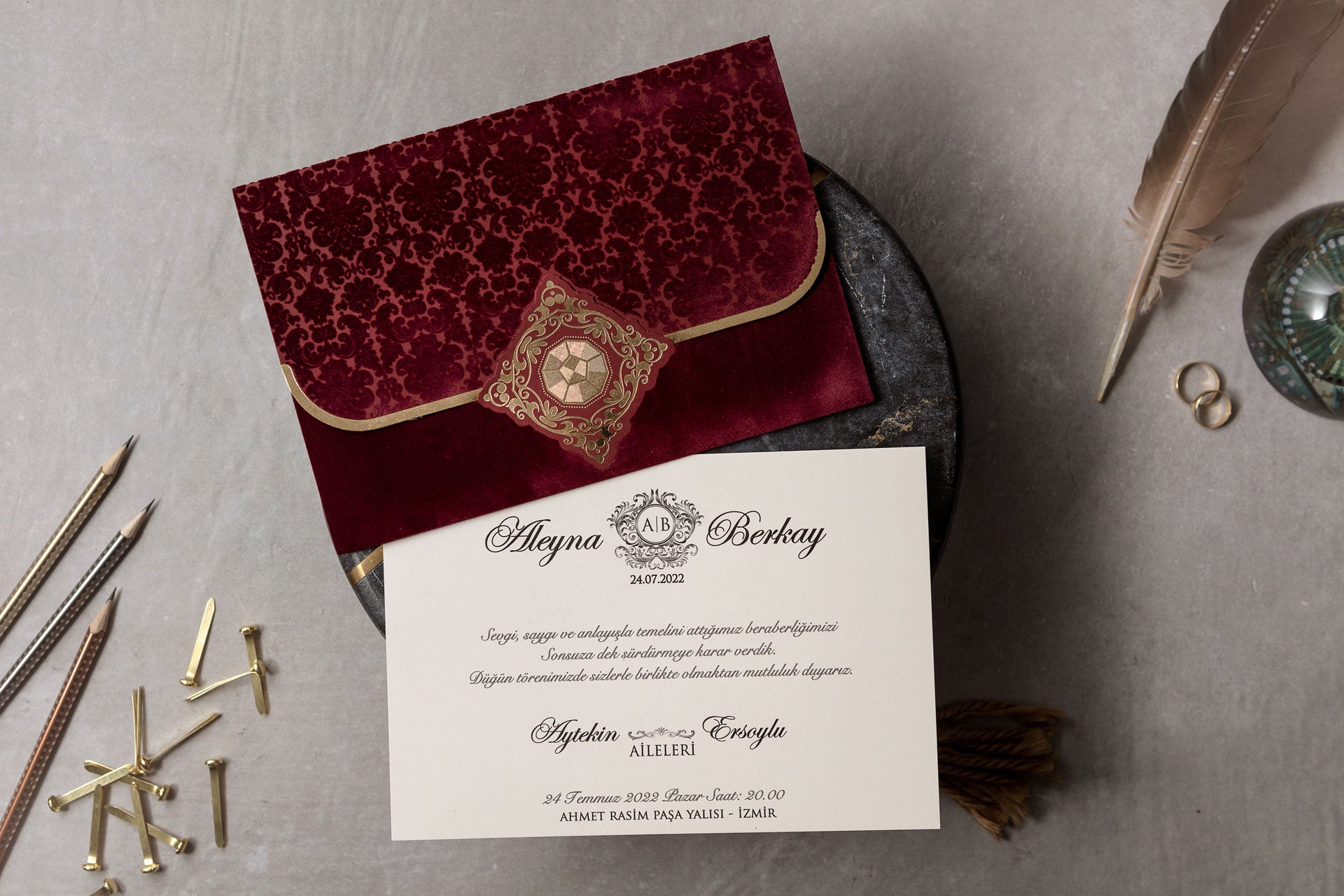 Burgundy Velvet Wedding Invitation with Gold Foil Medallion