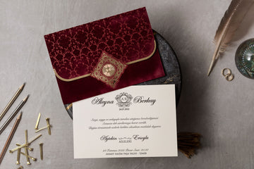 Burgundy Velvet Wedding Invitation with Gold Foil Medallion