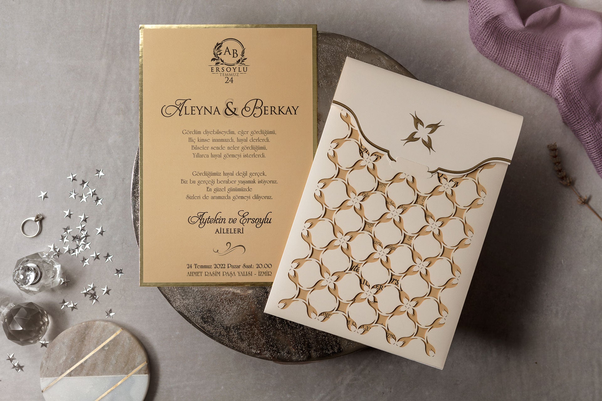 Cream & Gold Laser-Cut Wedding Invitation with Ornamental Sleeve