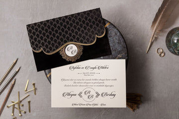 Black Suede Wedding Invitation with Gold Foil Frame & Monogram