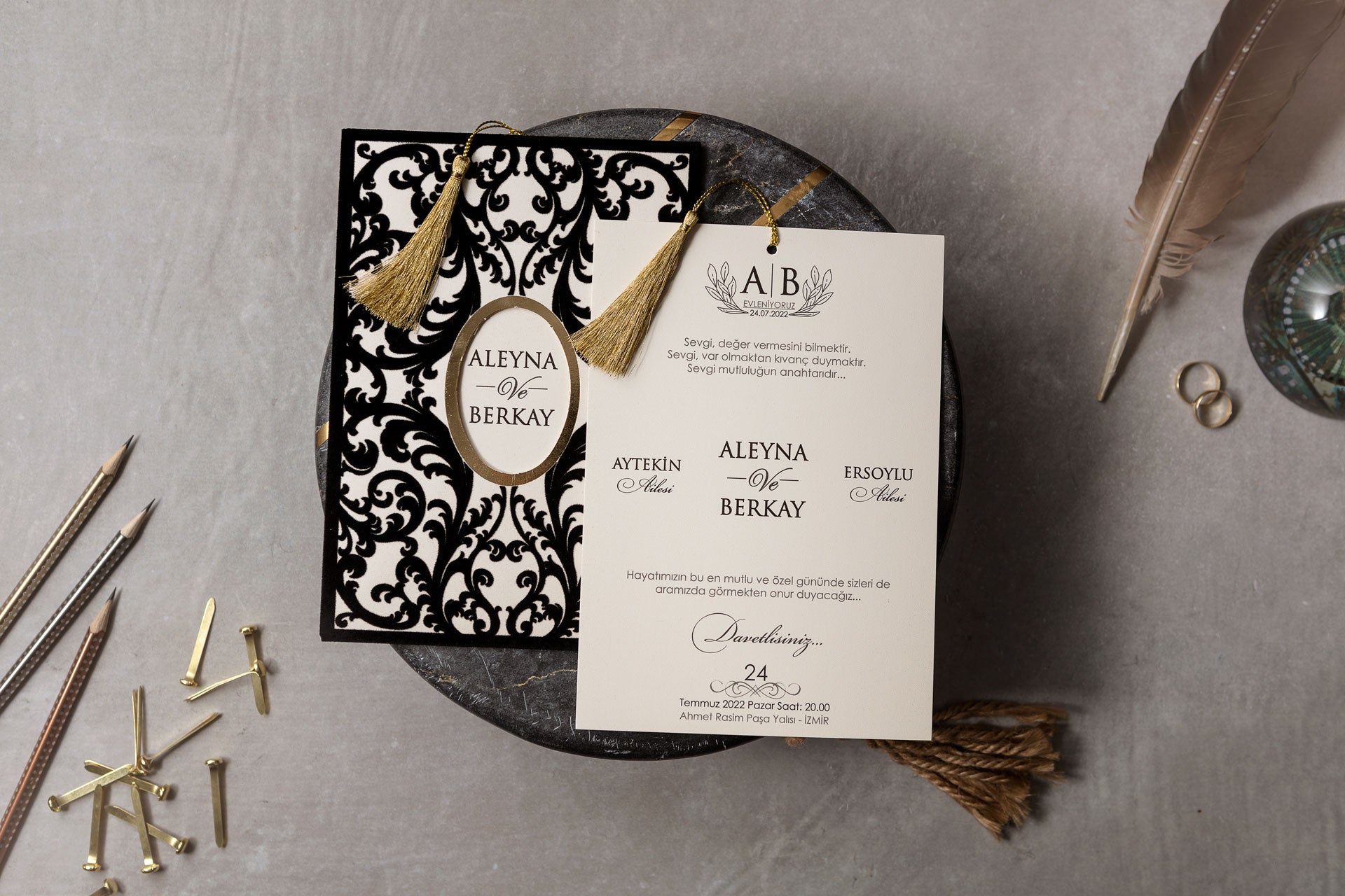 Black Velvet Patterned Wedding Invitation with Gold Oval Frame & Tassel