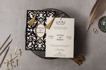 Black Velvet Patterned Wedding Invitation with Gold Oval Frame & Tassel