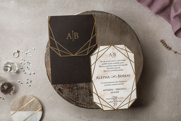 Geometric Elegance Black & Gold Wedding Invitation