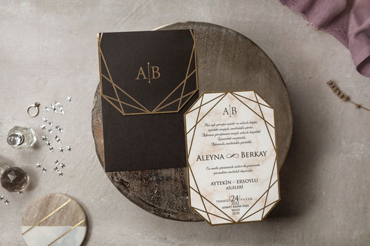 Geometric Elegance Black & Gold Wedding Invitation