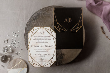 Geometric Elegance Black & Gold Wedding Invitation