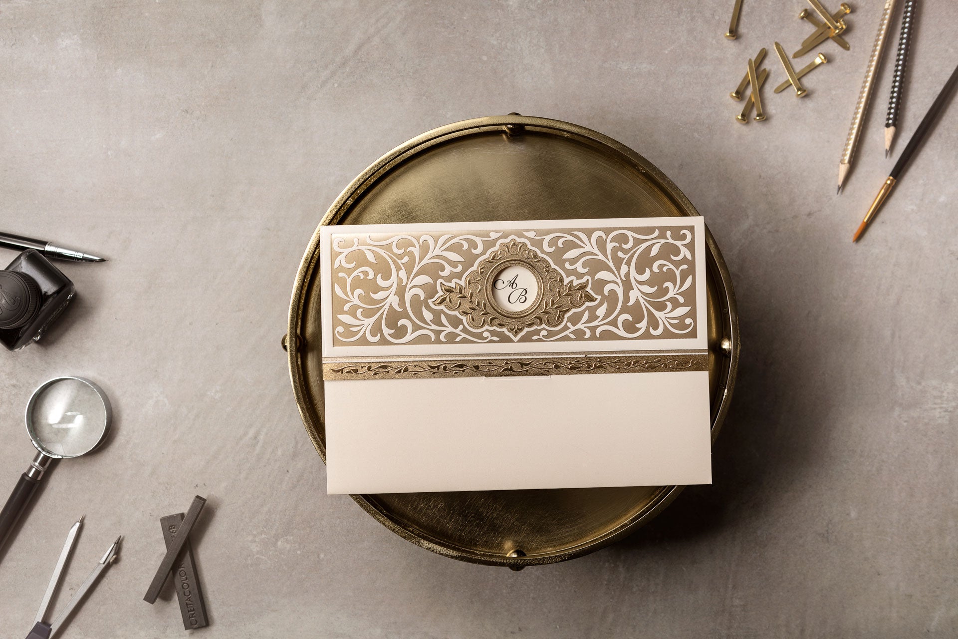 Ivory Regal Wedding Invitation with Gold Foil Embossed Frame