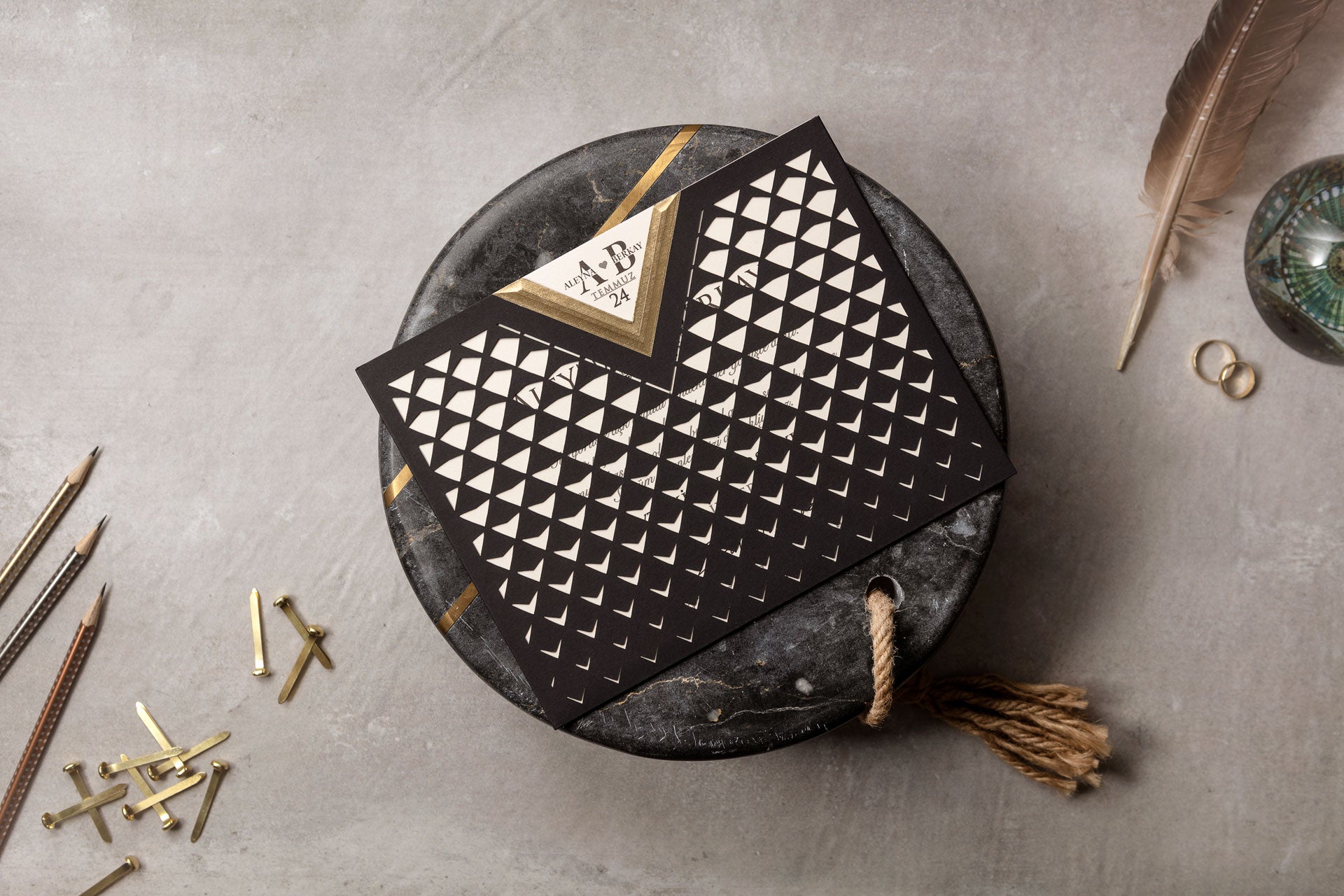 Luxury Black Laser Cut Wedding Invitation with Gold V-Detail