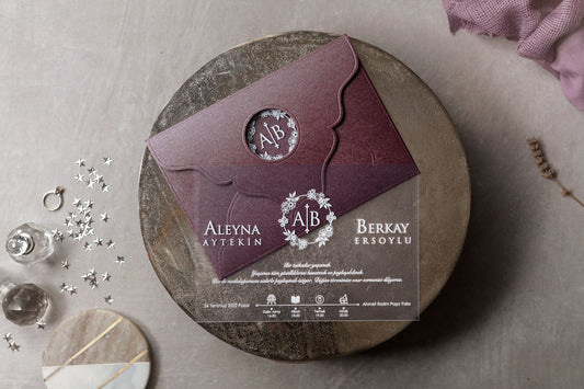 Burgundy Laser Cut Wedding Invitation with Clear Acrylic Card
