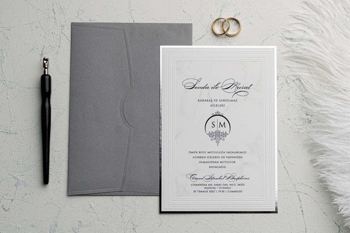 Modern Silver Framed Marble Wedding Invitation with Gray Envelope
