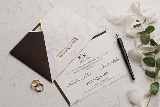 Elegant Marble Wedding Invitation with Black-Gold Sleeve