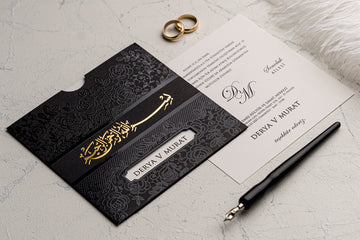 Elegant Islamic Wedding Invitation with Black Embossed Floral Sleeve