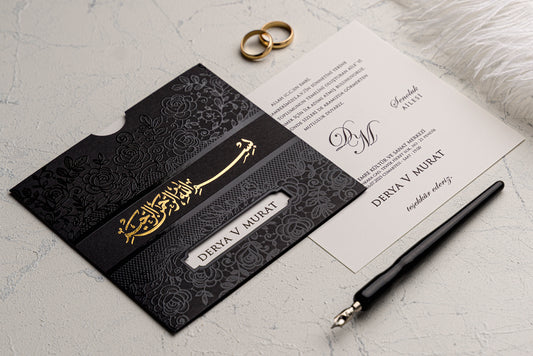 Elegant Islamic Wedding Invitation with Black Embossed Floral Sleeve